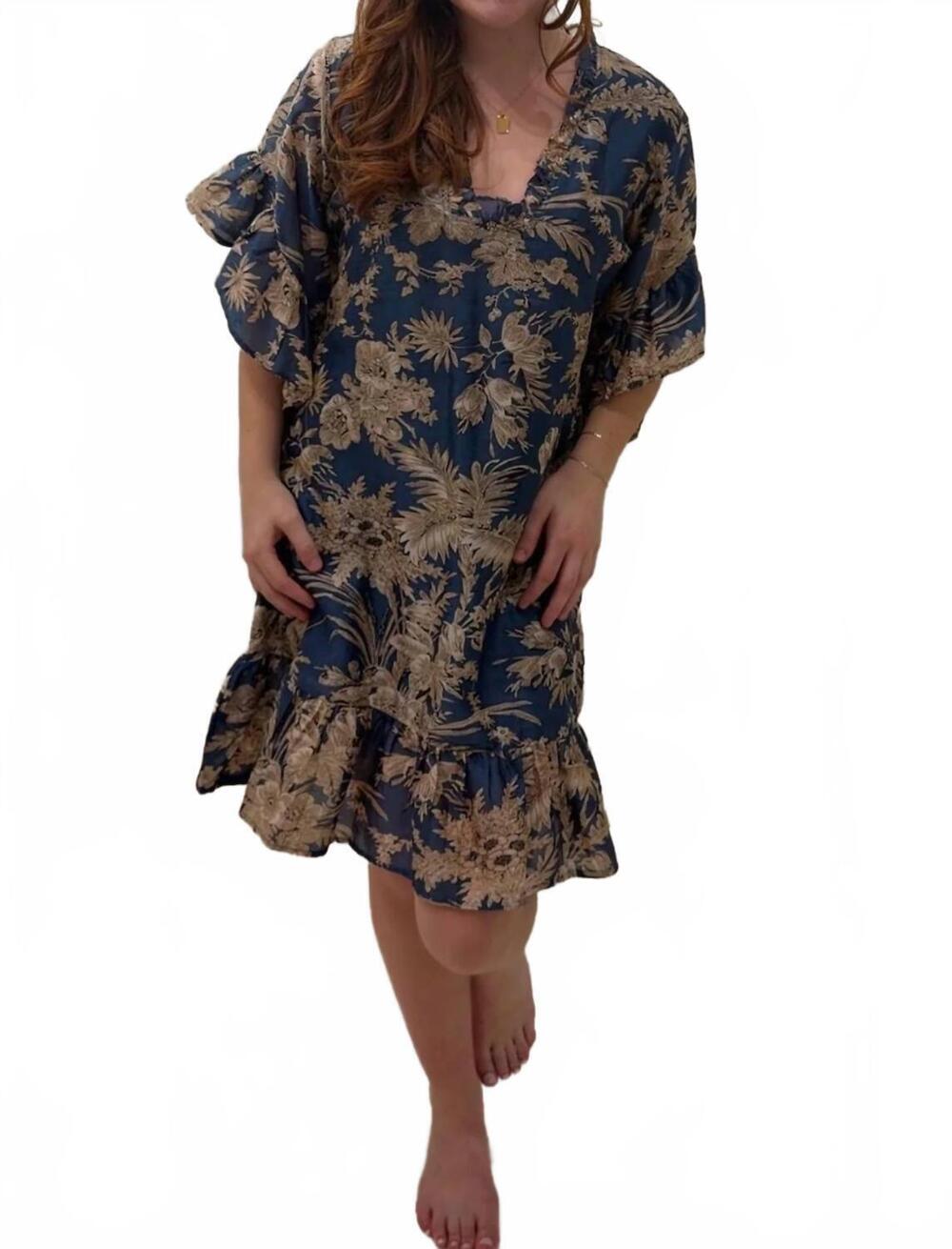NEW FITZROY & WILLA ruffled cotton caftan mini dress in toile print
